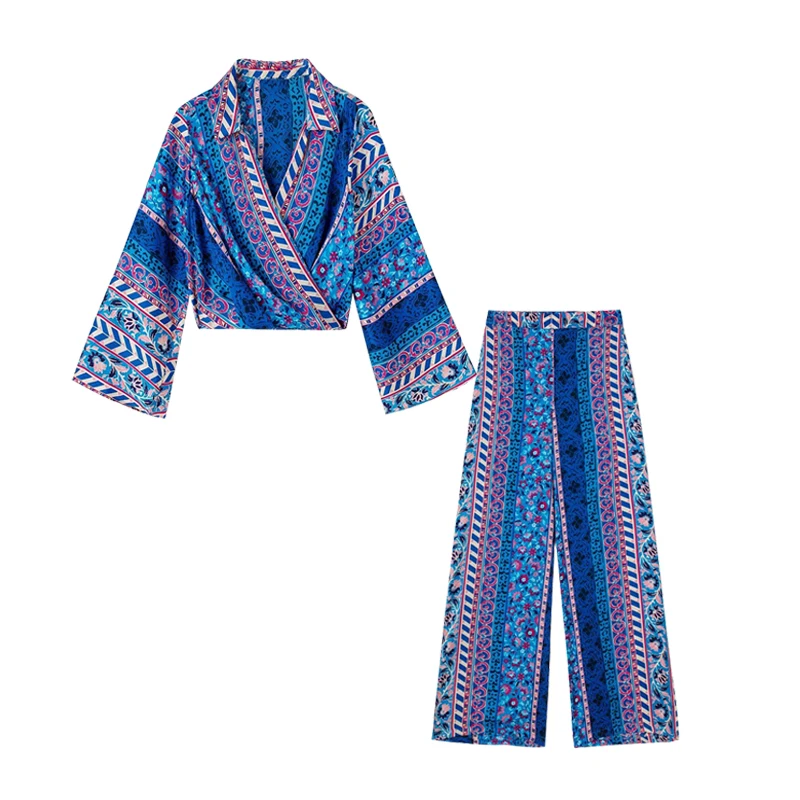 

New 2-Piece Set Women Suit 2022 New Fashion Print Short Top V-Neck Elastic Waist Wide Leg Pants Women Suit Casual Vacation Suit