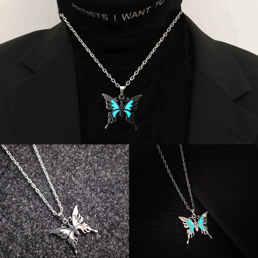 

Punk Luminous Butterfly Pendant Necklace For Women Men Stainless Steel Necklace Glowing in Dark Long Chain Choker Jewelry Gift