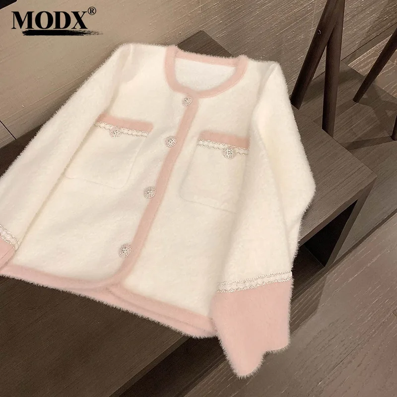 Стильный розово-белый цветной свитер из норкового меха для женщин 2024 новый стиль