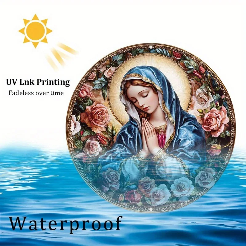 Вдохновляющий круглый алюминиевый металлический настенный рисунок Девы Марии с