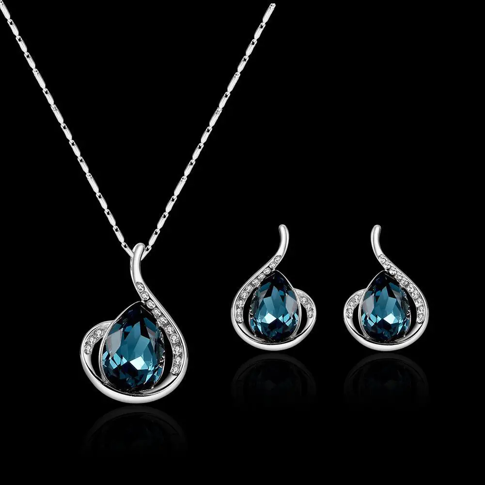 

NEW Design Blue Water Drops Faux Gem Necklace Earrings Set for Women Romantic Angel Tears Pendant Wedding Gift For Wife