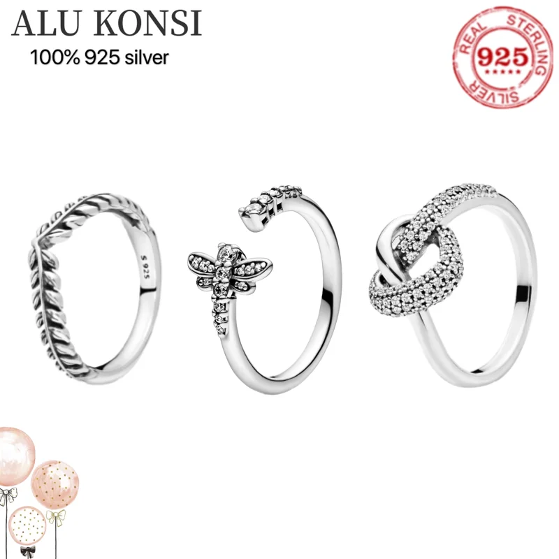 

Hot Sale Fit Original 100% 925 Sterling Silver pan ring Love heart butterfly crystal For Women wedding couple rings DIY Jewelry