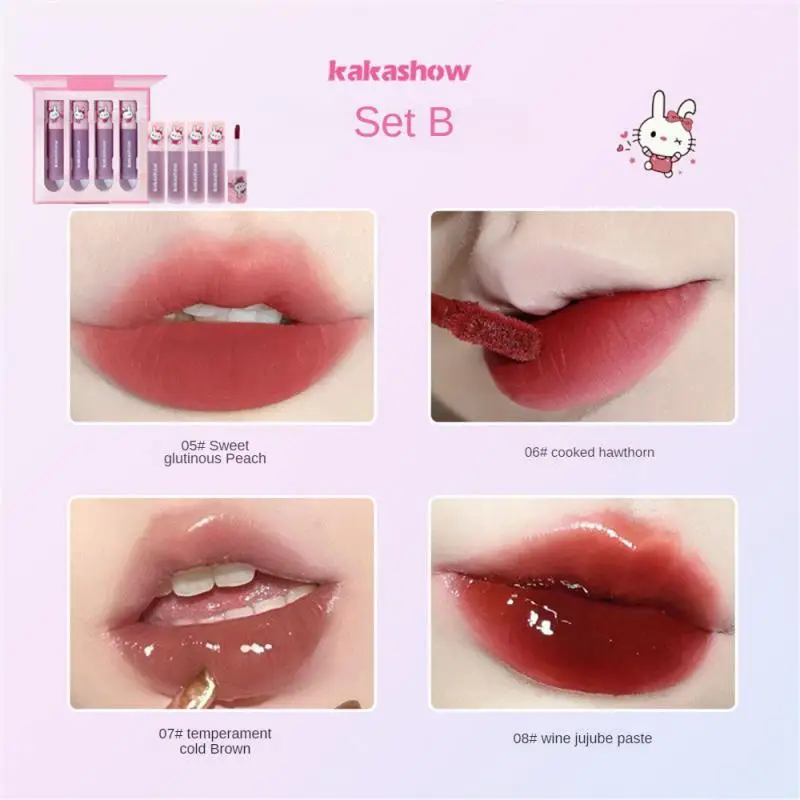 

4pcs Water Lip Glaze Set Waterproof Lasting Moisturizing Lip Gloss Makeup Non-stick Cup Cute Doodle Rabbit Lipstick Косметика