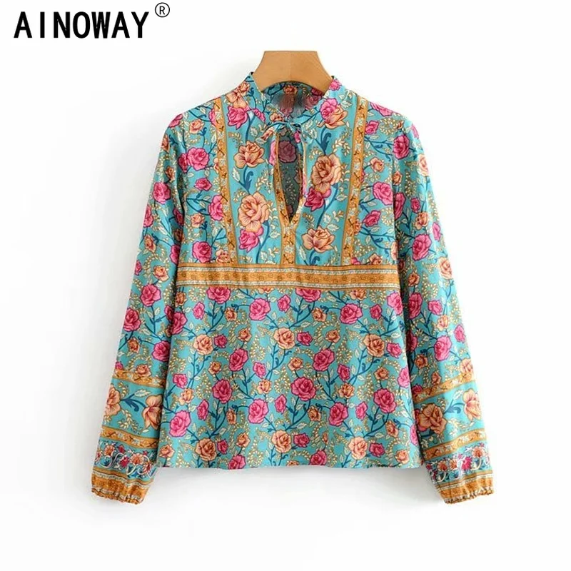 Винтажная шикарная Женская богемная блузка с цветочным принтом и V-образным