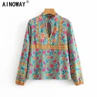 Винтажная шикарная Женская богемная блузка с цветочным принтом и V-образным вырезом, рубашки на шнуровке, женские рубашки с длинным рукавом из вискозы, хлопковая рубашка в стиле бохо, блузы