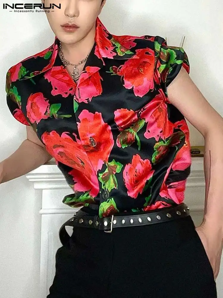 INCERUN Tops 2023 Handsome Men's Flower Printing Short Sleeve Blouse Casual Party Hot Sale Male Lapel Collar Button Shirts S-5XL