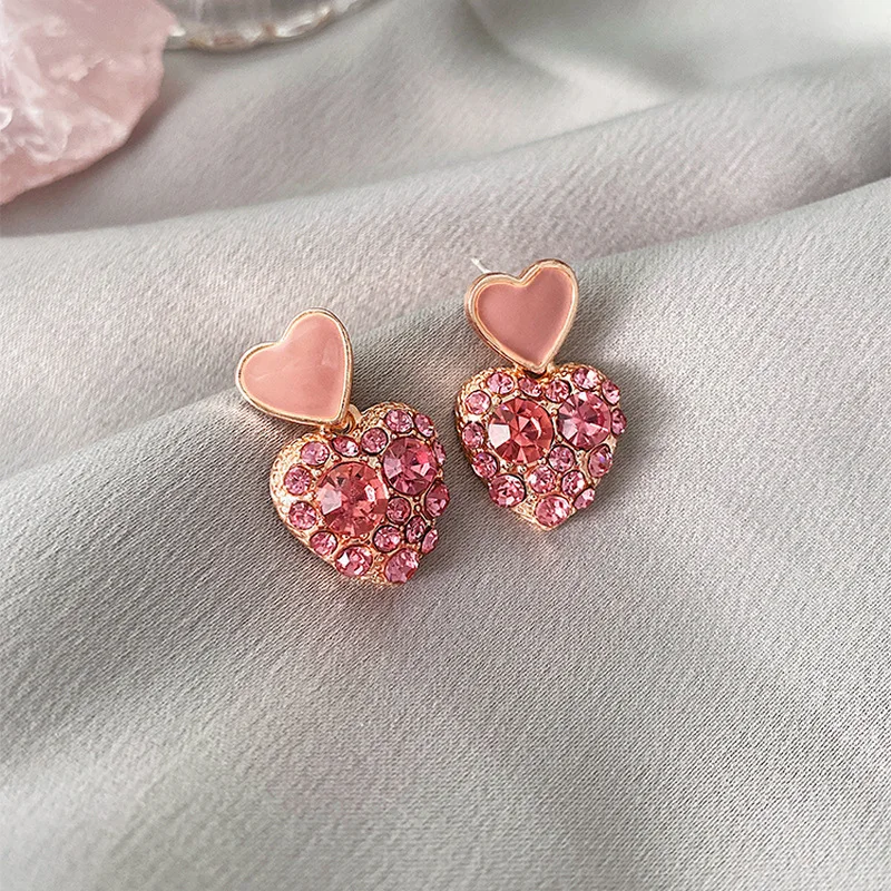 

HEYu Pink Heart Shaped Drop Earrings for Women 2023 New Fashion Crystal Earring Korea Style Simple Party Jewelry Accessories