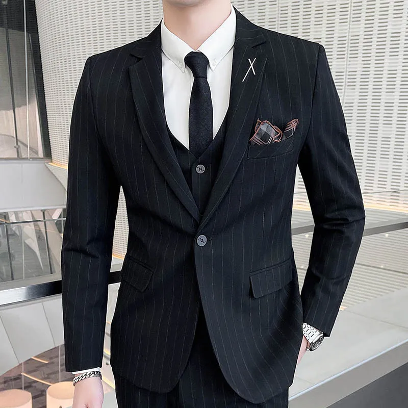 

Boutique(suit + Vest + Trousers) Men's Fashion Business Gentleman Slim Casual British Style Striped Comfortable Three-piece Suit