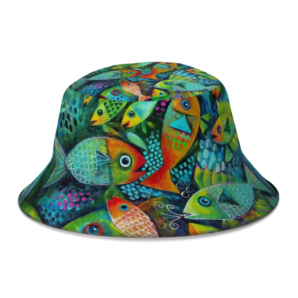 

2022 New Summer Psychedelic Plenty Fish In The Sea Bucket Hat for Women Men Beach Foldable Bob Fisherman Hat Fedoras Cap