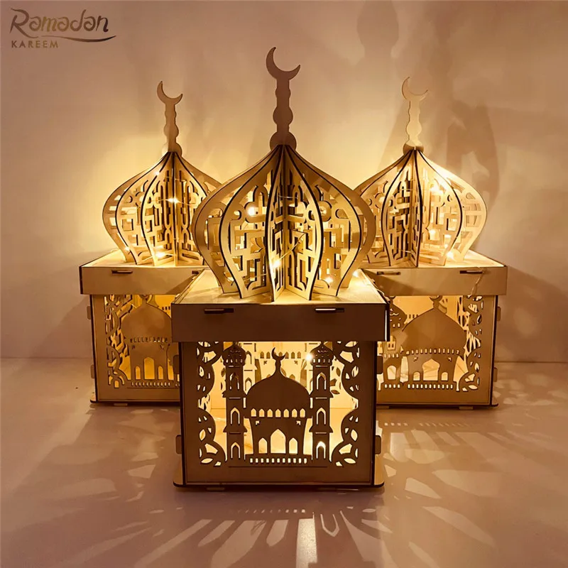 

Muslim Ramadan Festival Decorative Wooden Lamp Ornament Eid Mubarak Castle Palace Decor Crafts Eid and Ramadan Home Decoration
