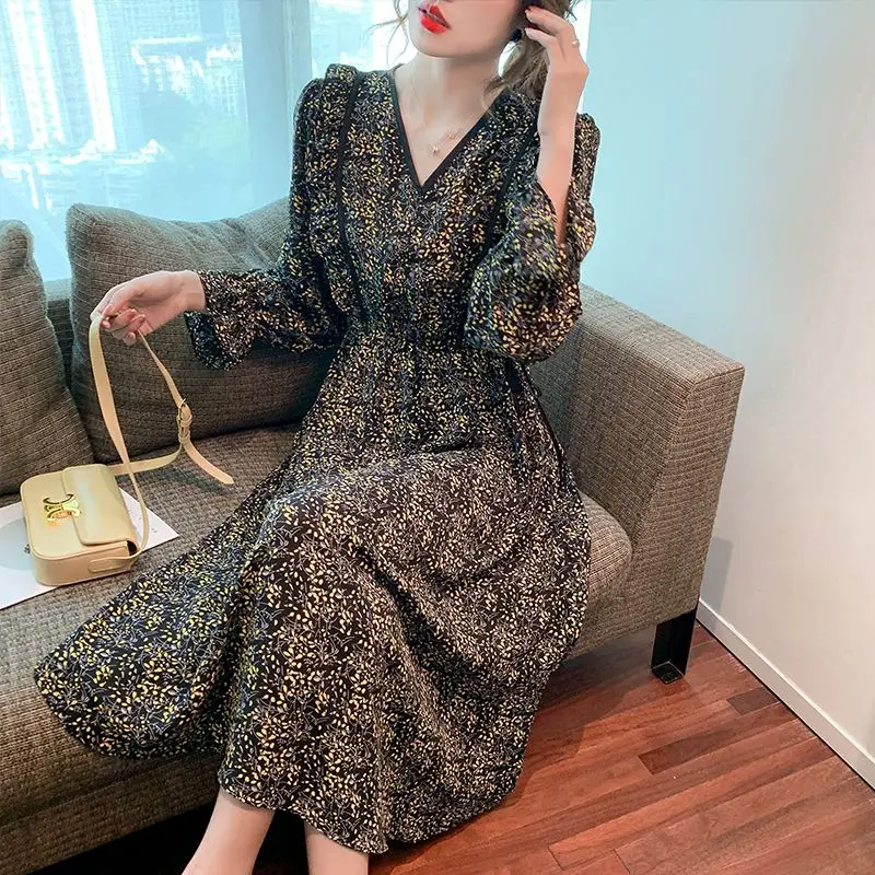 

COIGARSAM Elegant Dresses Women Spring Chiffon Floral Print Long Sleeve High Waist Pink Black Dress Dropshipping