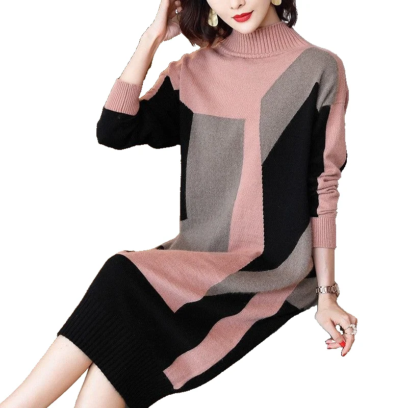 

Oversize Women Dress Spring Autumn New Casual Knitting Sweater Patchwork Turtleneck Pullover Bottom Knee-Length Female Clothes