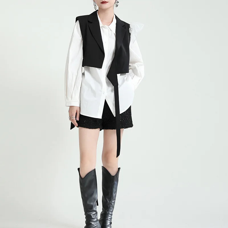 

2023Fashionable simple small person autumn clothes show height suit lace-up irregular fashion shirt + vest two-piece set