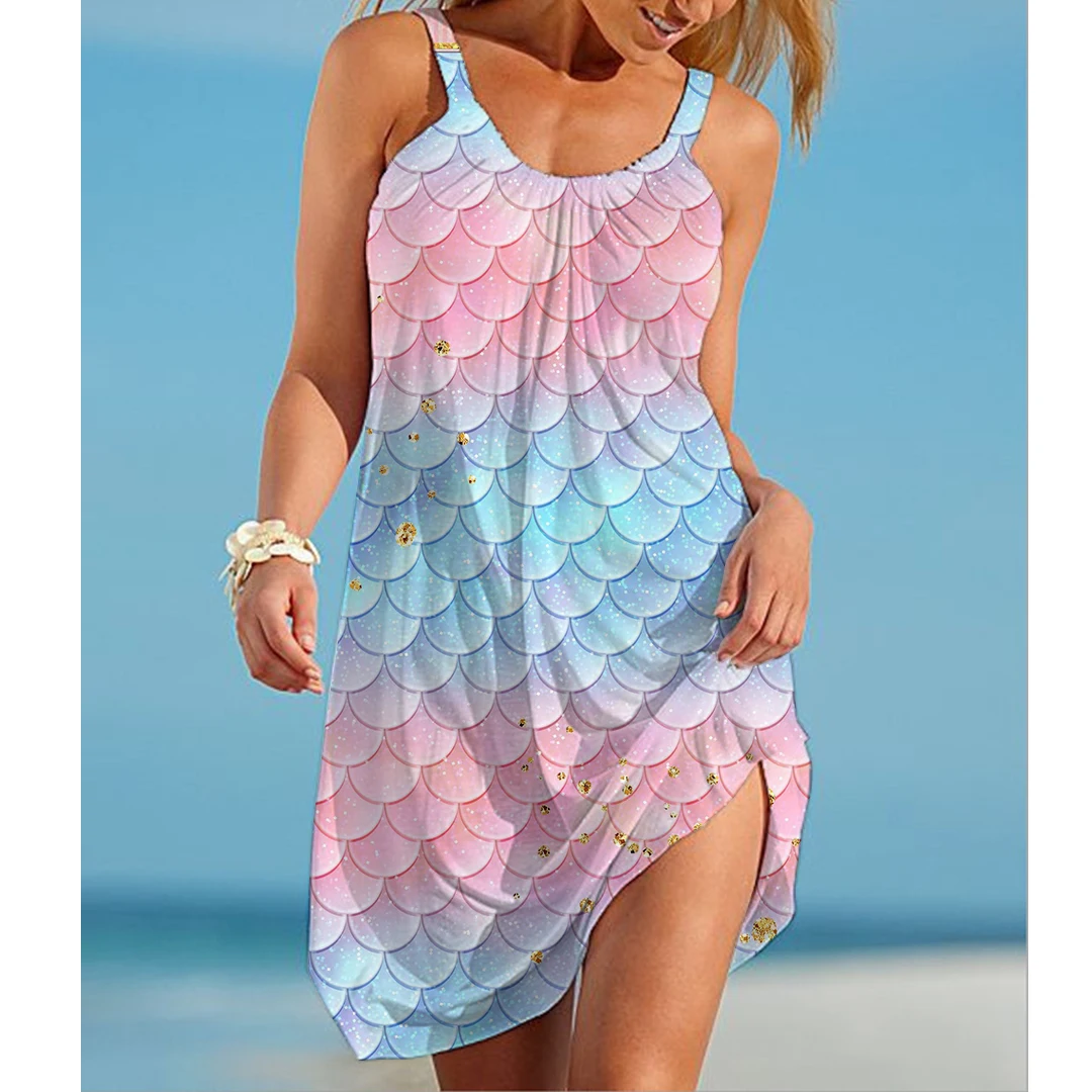 

Summer sexy beach skirt natural 3D printing women's spaghetti sleeveless o-neck dress Bohemian lace dress Street women's