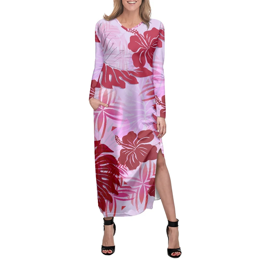 

Polynesian Tribal Clothing Hawaiian Pink Hibiscus Flower Leaves Print Custom Sexy Long Sleeve Side Split Loose Muumuu Dress