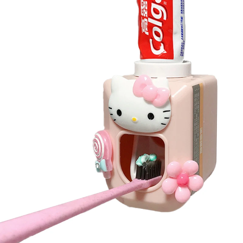 

9Cm Sanrioed Anime Kawaii Kitty Cartoon Cute Wall-Mounted Automatic Toothpaste Set Household Toothpaste Squeezer Children's Gift