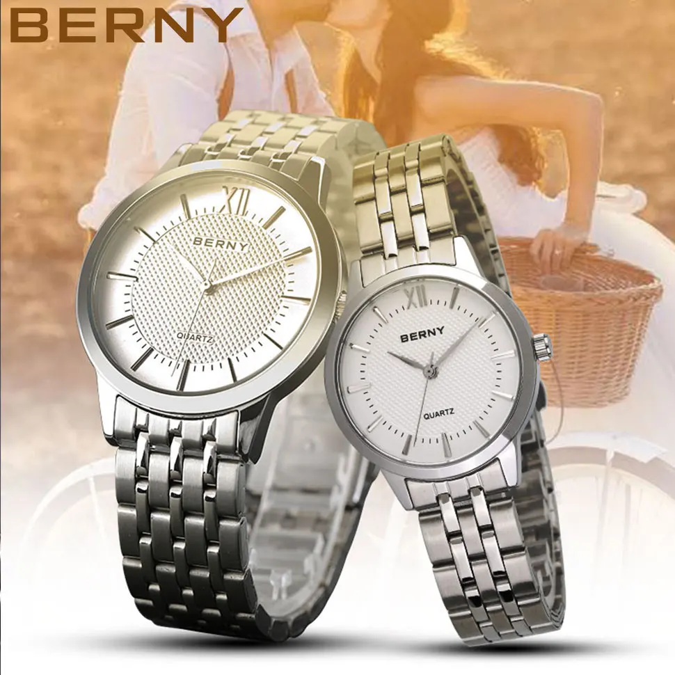 BERNY Couple's Quartz Watch for Women/Men's Wristwatch Exquisite Pure&Clean Design for Lovers Quality Stainless Steel Watch