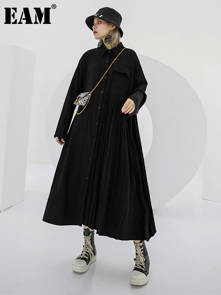 

[EAM] женское черное Плиссированное асимметричное платье-рубашка большого размера, новое свободное платье с отворотом и длинным рукавом, весна-осень 2023, 1DE6414