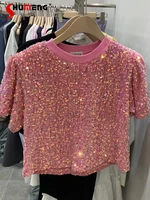 street style summer new fashion o neck solid color sequins all match short sleeve shiny t shirts for women top for women 2022