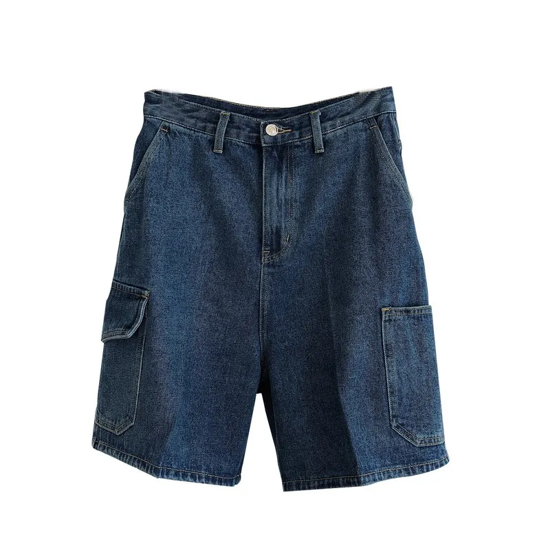 2023 Summer New Street Fashion Women High Waist Blue Denim Y2K Pocket Straight Shorts Loose Wild Five-point Solid Shorts Women