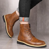 fashion motorcycle ankle boots men shoes pu leather lace up british high top shoe male tooling boot desert shoe warm thick sole
