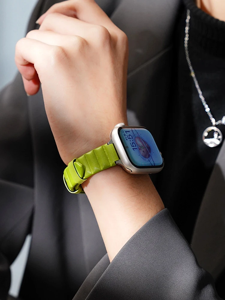 Slim Vintage Leather Band For Apple Watch 8 7 41mm 45mm Retro Green Genuine leather Wristband For Iwatch Series Ultra 6 5 4 se