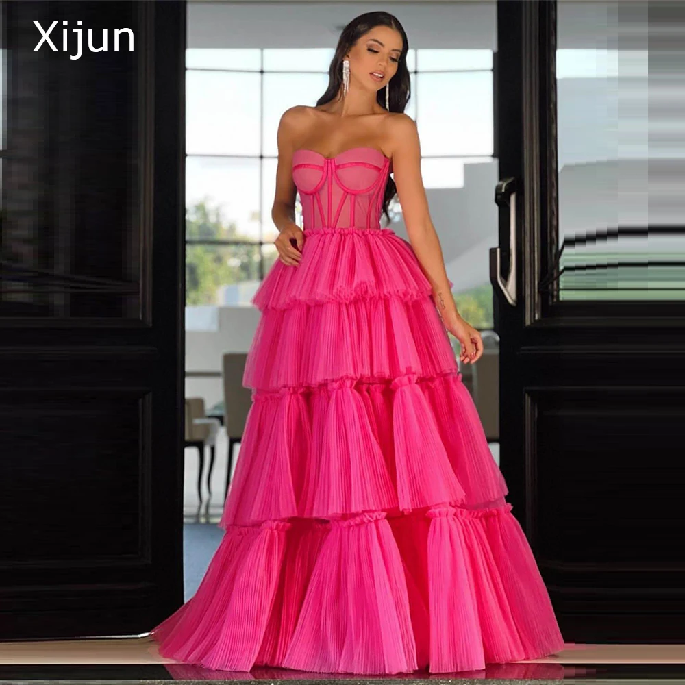 

Romantic Pink Tulle Long Evening Dresses 2022 Fairy Party Dress Sleeveless Sweetheart Elegant Tiered Graduation Gowns A-Line