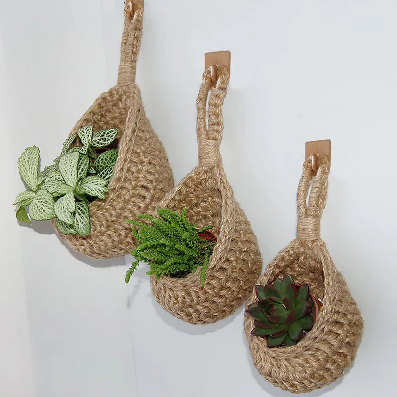 

Wall Hanging Storage Basket Fruit Vegetable Organizer Rope Woven Teardrop Flower Vase Snack Container Pot Home Garden Decor