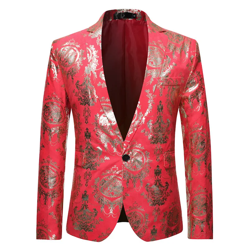 

Red Floral Bronzing Print Blazer Men 2022 Brand Single Button Tuxedo Blazer Jacket Men Party Wedding Prom Stage Costume Homme