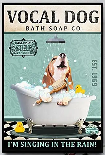 

Metal Tin Sign Bathtub Dog Vocal Dog Bathing Brush Soap Foam Poster Retro Toilet Bar Home Bathroom Wall Decoration Style