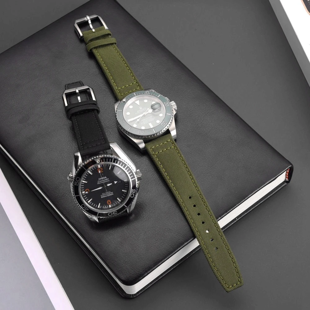 EACHE Popular Leather Sailcloth Watch Strap For Men 20mm 21mm 22mm Army Green Black Cordura Watchband Silver Color Pin Buckle