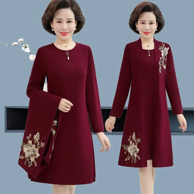 

Women Dress Two Piece Suit Spring Fall Noble Elegant Cheongsam Dress Middle-aged Mother Embroidered Dress Set