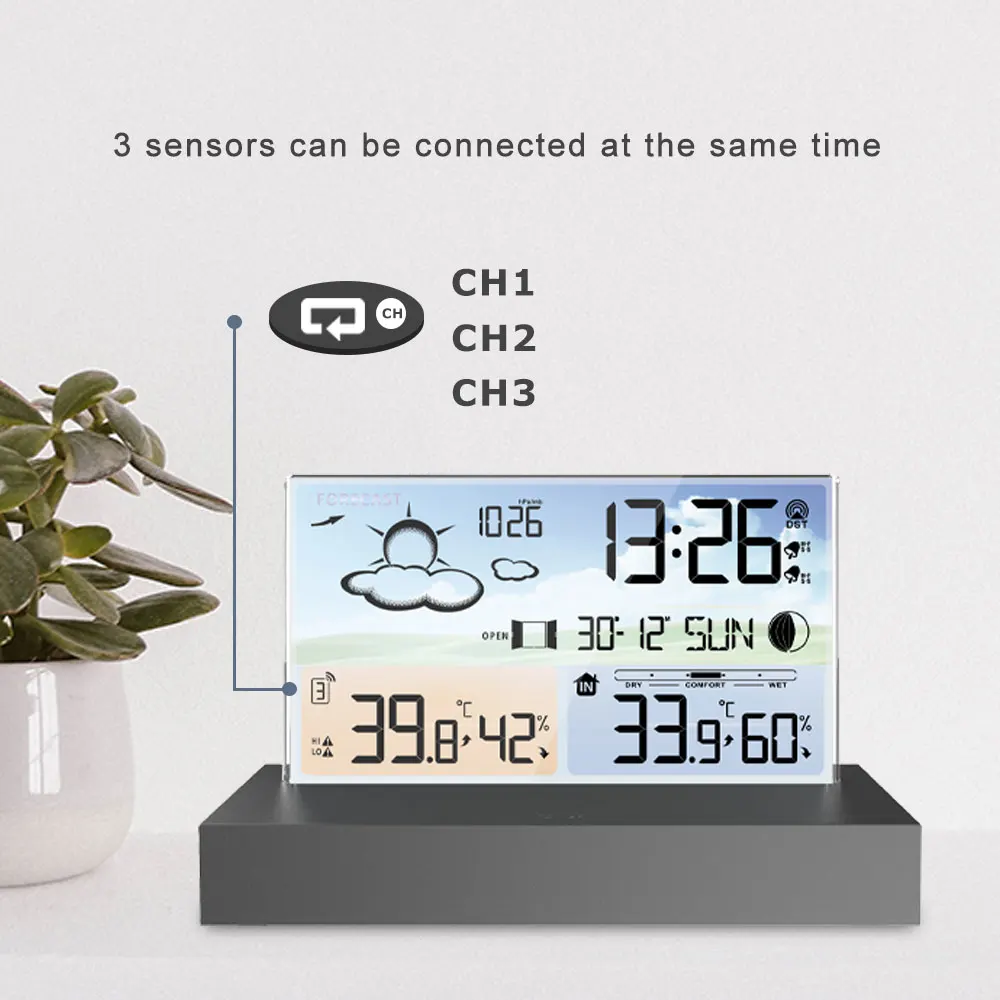 

Transparent Weather Station Glass Colour Screen Thermometer Hygrometer Digital Temperature Humidity Monitor Weather Forecast
