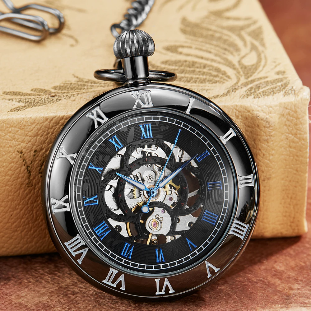 Antique Mechanical Pocket Watch for Men Roman Dial Round Tonneau Clock Skeleton Steampunk FOB Chain Women Pendant reloj hombre