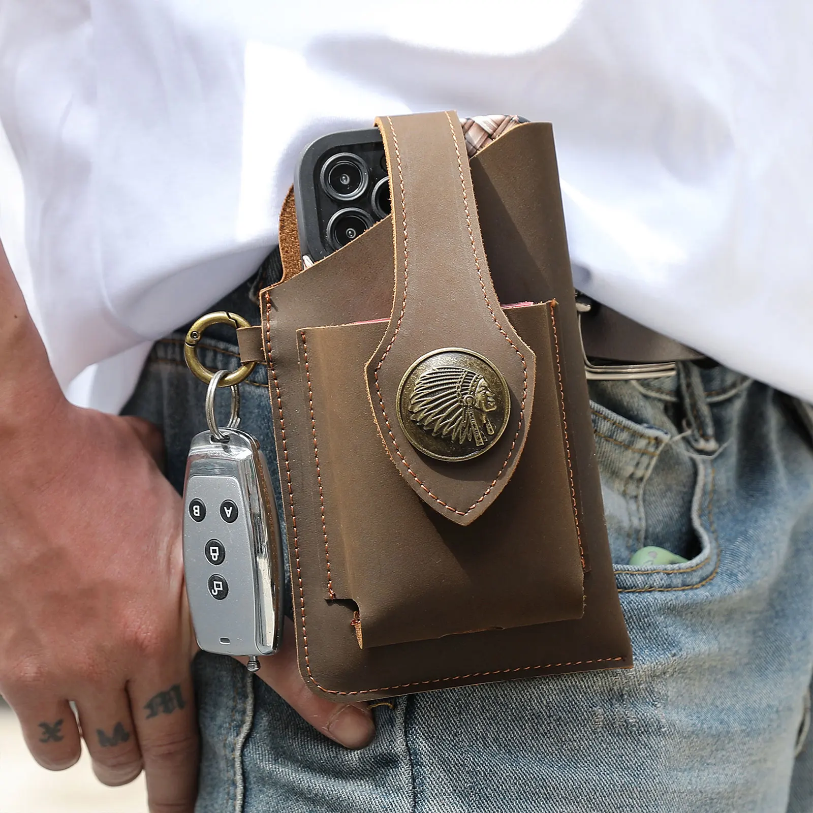 

Men Cowhide Leather Fanny Waist Bag Classic Texture Creative Delicate Design Chic Business Solid Mobile Phone Belt Bum Pouch