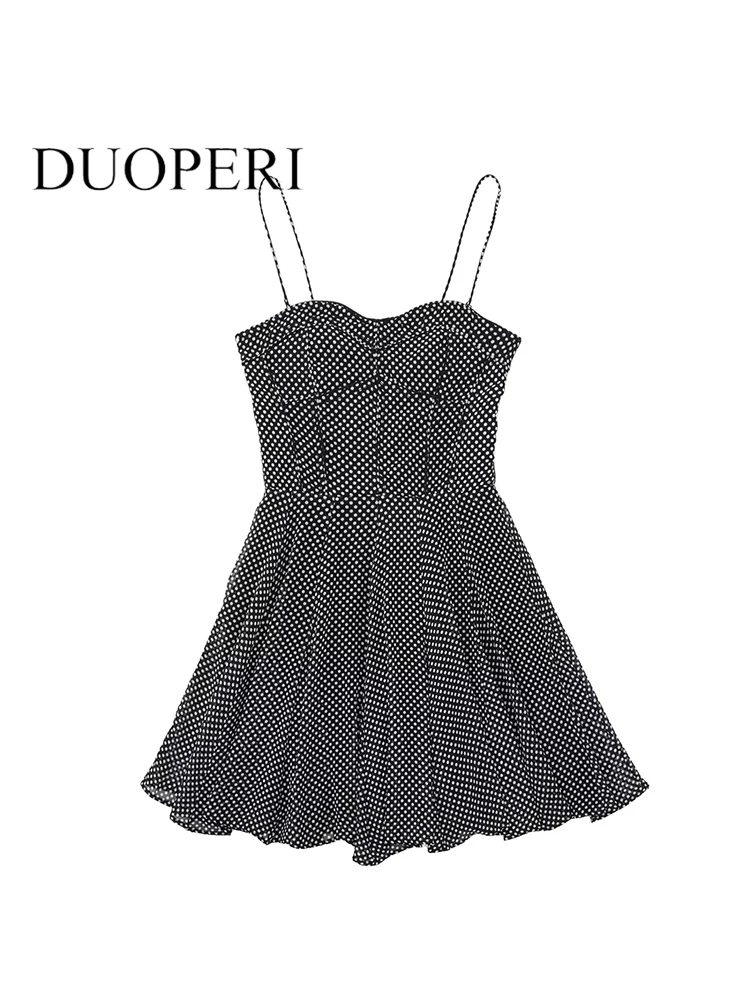 

DUOPERI Women Fashion Polka Dot Back Zipper Mini Dress Vintage Thin Straps Halter Neck Female Chic Lady Dresses