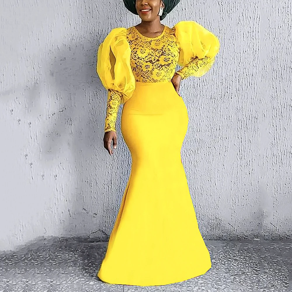 

Luxury Long Dresses for Women Yellow Lace Lantern Sleeve Mermaid Floor Length Elegant Birthday Party Dinner Vestidos Mujer Dress