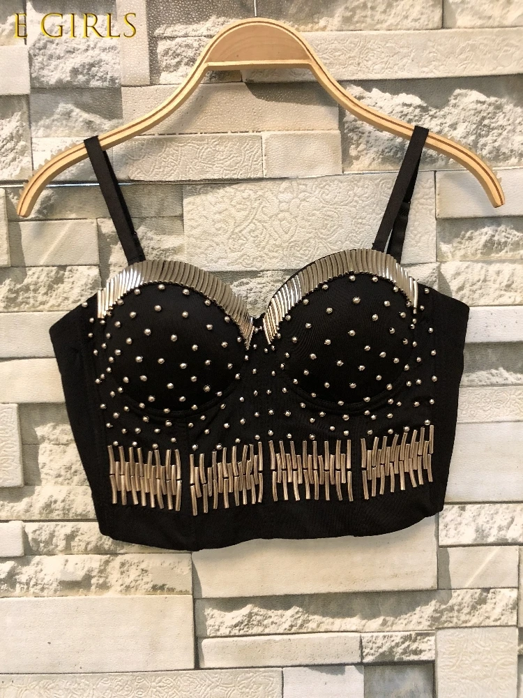 

E GIRLS 2019 Silver Tube Nail Beads Fashion Nightclub Dance Performance Wrapped Steel Vest Women Sexy Bustier Crop Tops