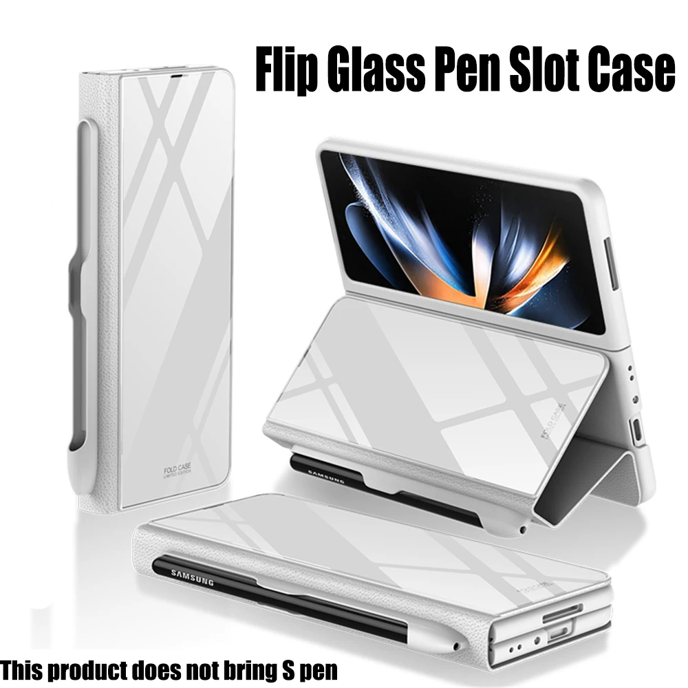 

With S Pen Holder Stand Luxury Leather Flip Cover For Samsung Galaxy Z Fold 4 5G Case Shockproof Phone Case Coque Fundas（No Pen）