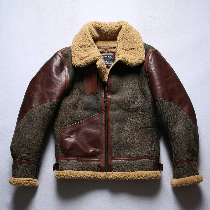 

New Thick Shearling B3 Bomber Wool Original Ecological Fur Brown vintage Male Warm Genuine Sheepskin Coats Flight Jackets