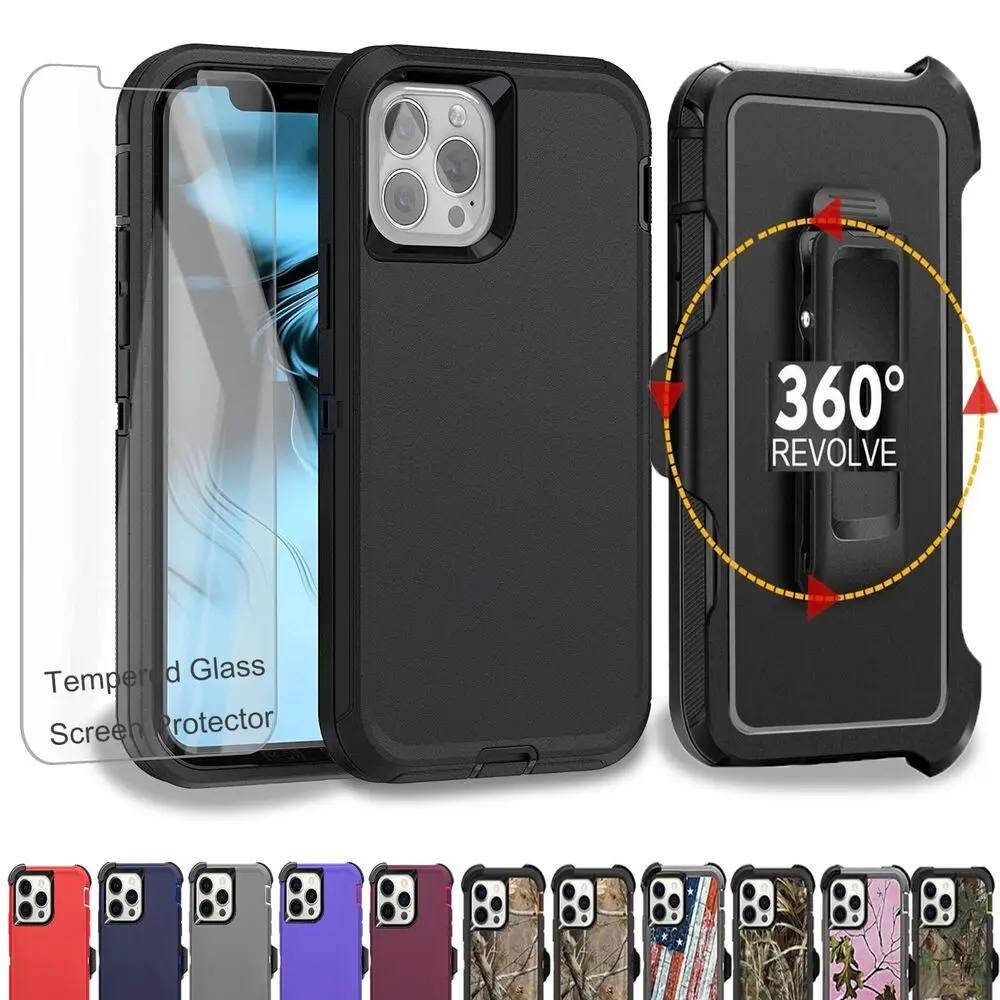 

Heavy Duty Armor Phone Case For iPhone 11 13 Pro Max 14 Plus 12 Mini Shockproof Cover with Belt Clip + Tempering Glass Screen