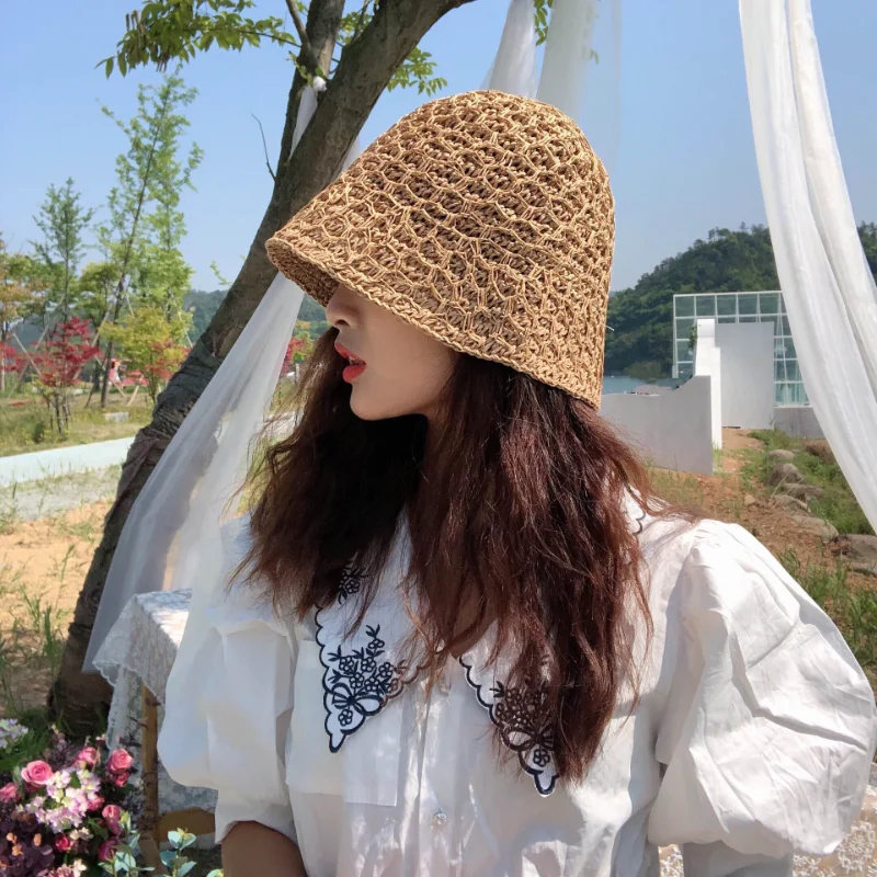

Панама женская Соломенная в Корейском стиле, плетеная двухслойная Панама от солнца в японском стиле ретро, в форме колокольчика, для путешествий, летняя