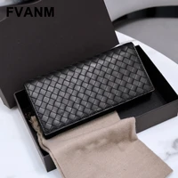 2022 mens cowhide woven long wallet simple luxury business fashion wallet multiple card slots ultra thin portable classic black