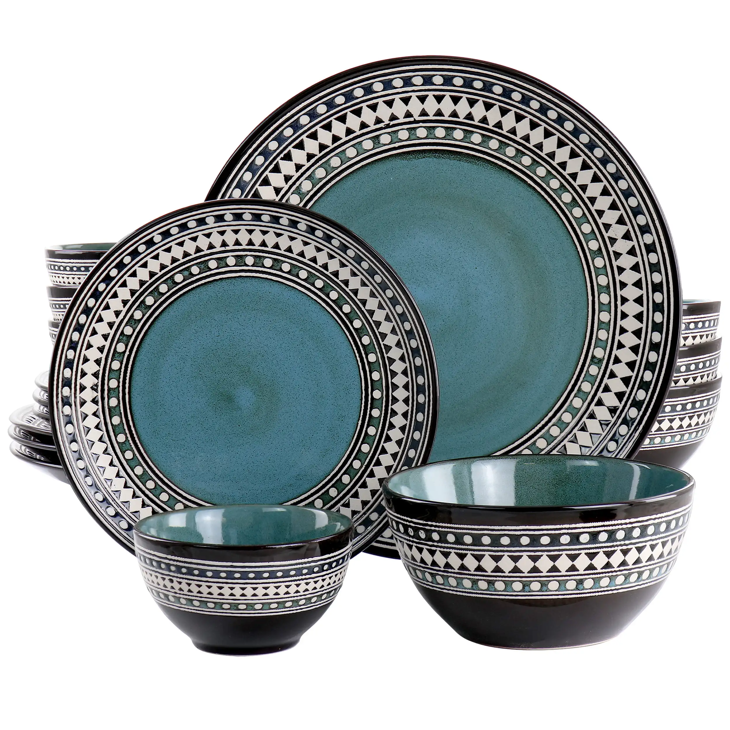 

Elama Blue Sage 16 Piece Double Bowl Stoneware Dinnerware Set in Blue