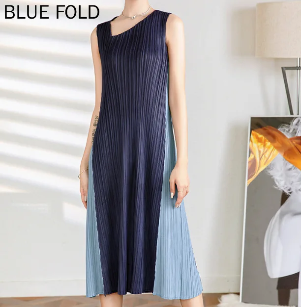 

Miyake Pleated 2022 Summer New Women's Clothing Temperament Self-cultivation Design Sense Midi Dress Sleeveless Stitching Robe