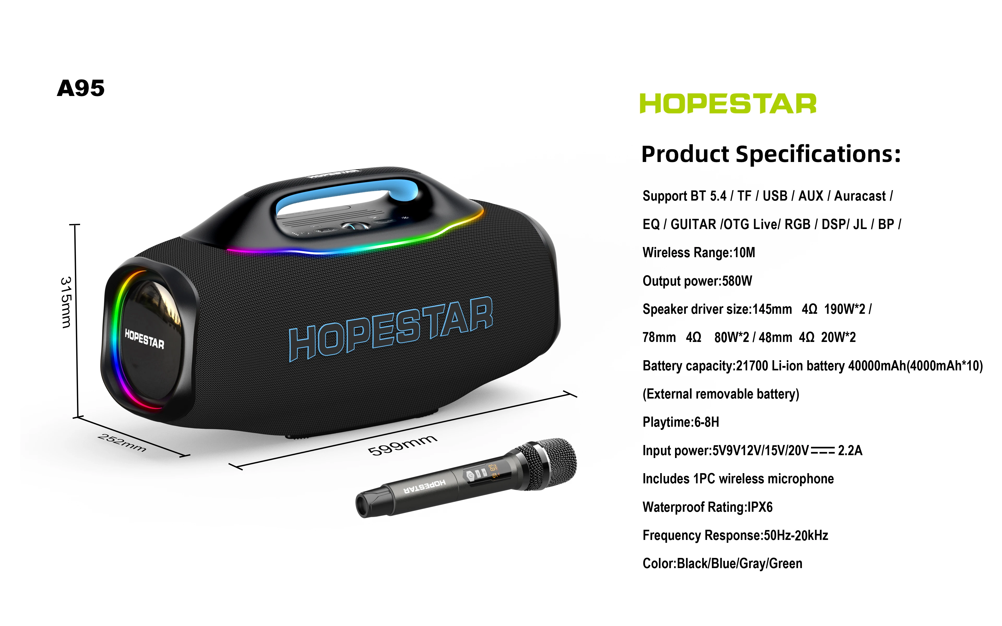Фото Портативная Bluetooth-колонка HOPESTAR A95 580W с беспроводным микрофоном UHF, аккумулятором 40000 мАч, RGB-подсветкой и функцией AuraCast для использования на улице №5