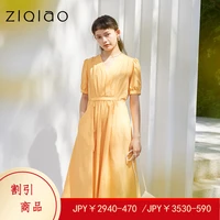 ziqiao japanese casual solid color v neck puff sleeves dress 100 cotton pockets commuter dress french temperament women clothes