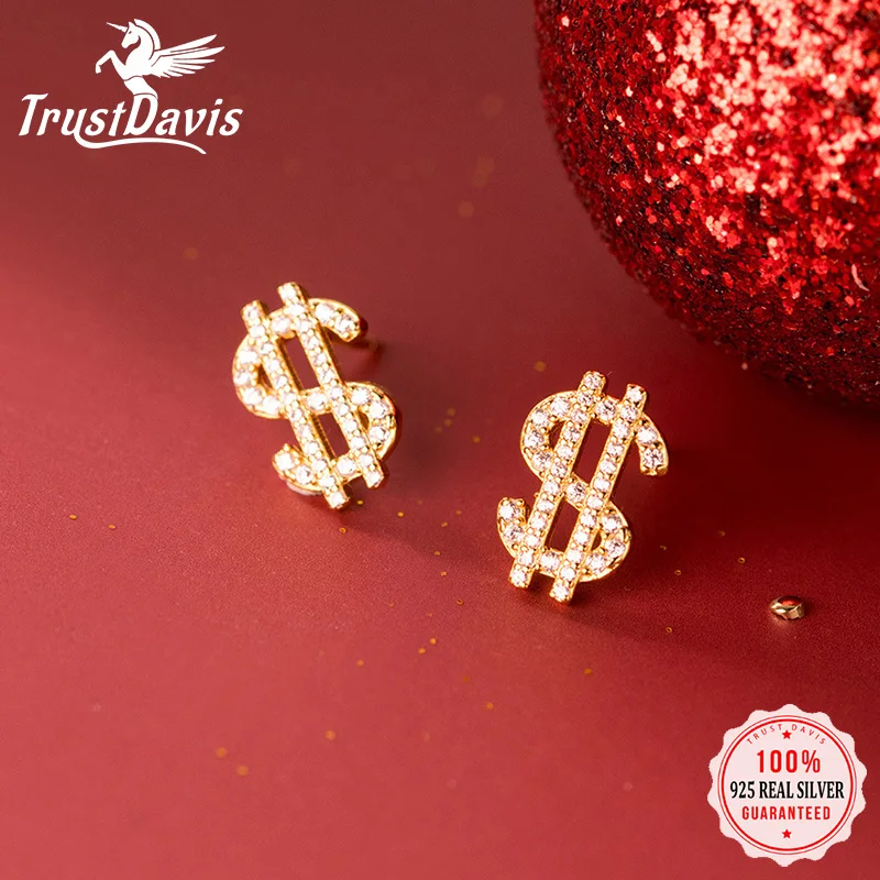 

TrustDavis Authentic 925 Sterling Silver $ CZ Stud Earrings Money Wish Gift For Women Girls Party Fine Jewelry DA2891