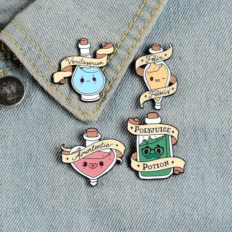 

10 PCS / LOT Magic Love Potions Enamel Pins Custom Brooches Lapel Pin Shirt Bag Colorful Badge Jewelry Gift For Lover Girl