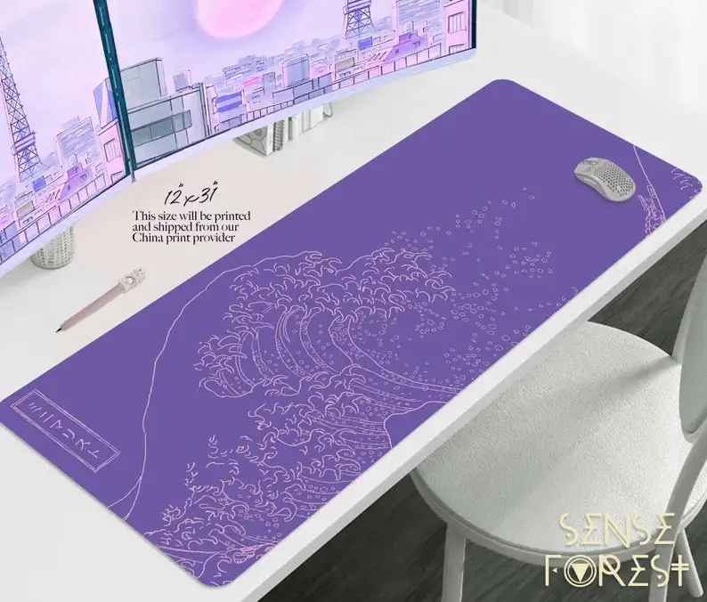 

Purple minimalist Japanese desk mat, Great wave XXL gaming mouse pad, cute gamer aesthetic mousepad, Lilac wrist rest desk pad s